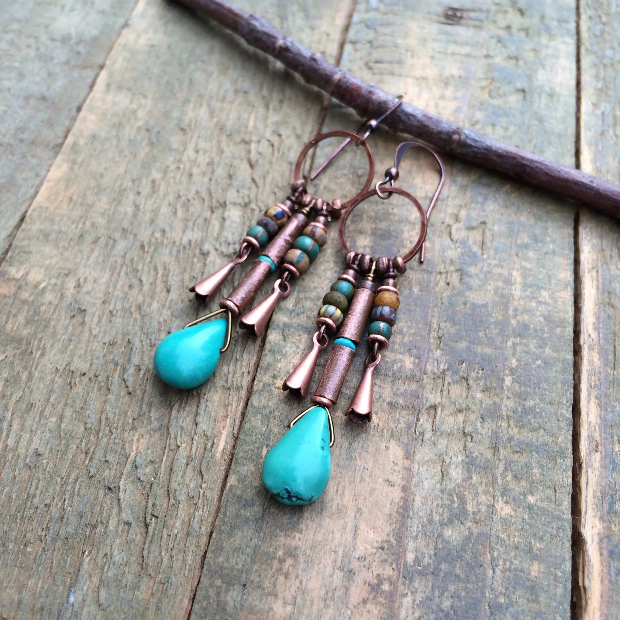 Kingman Turquoise and Copper Earrings, Copper Squash Blossom Chandelier Earrings