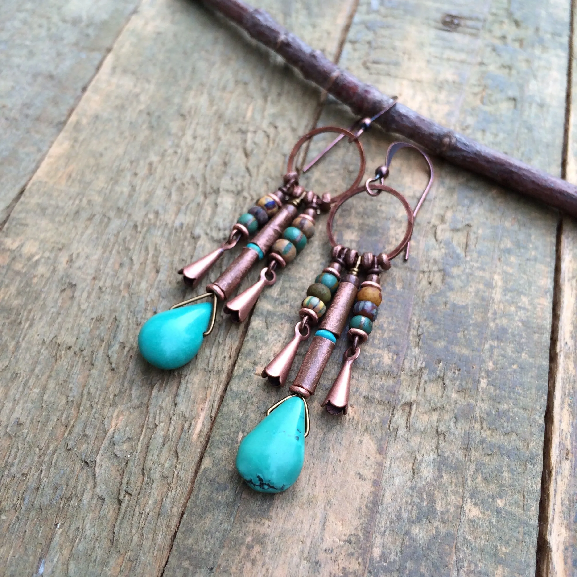 Kingman Turquoise and Copper Earrings, Copper Squash Blossom Chandelier Earrings