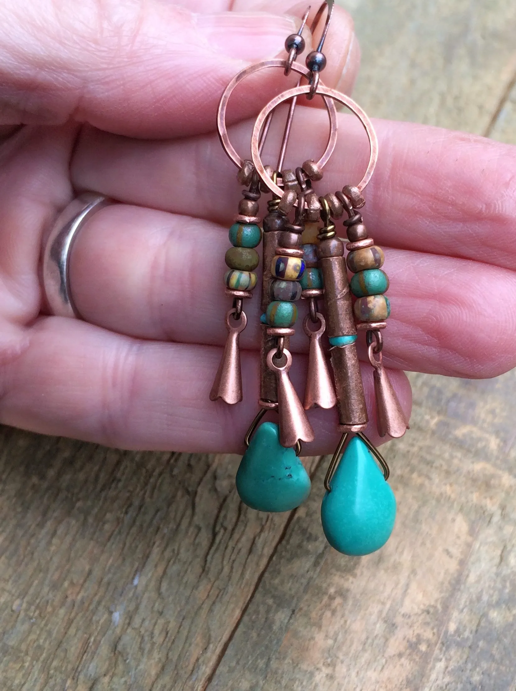 Kingman Turquoise and Copper Earrings, Copper Squash Blossom Chandelier Earrings