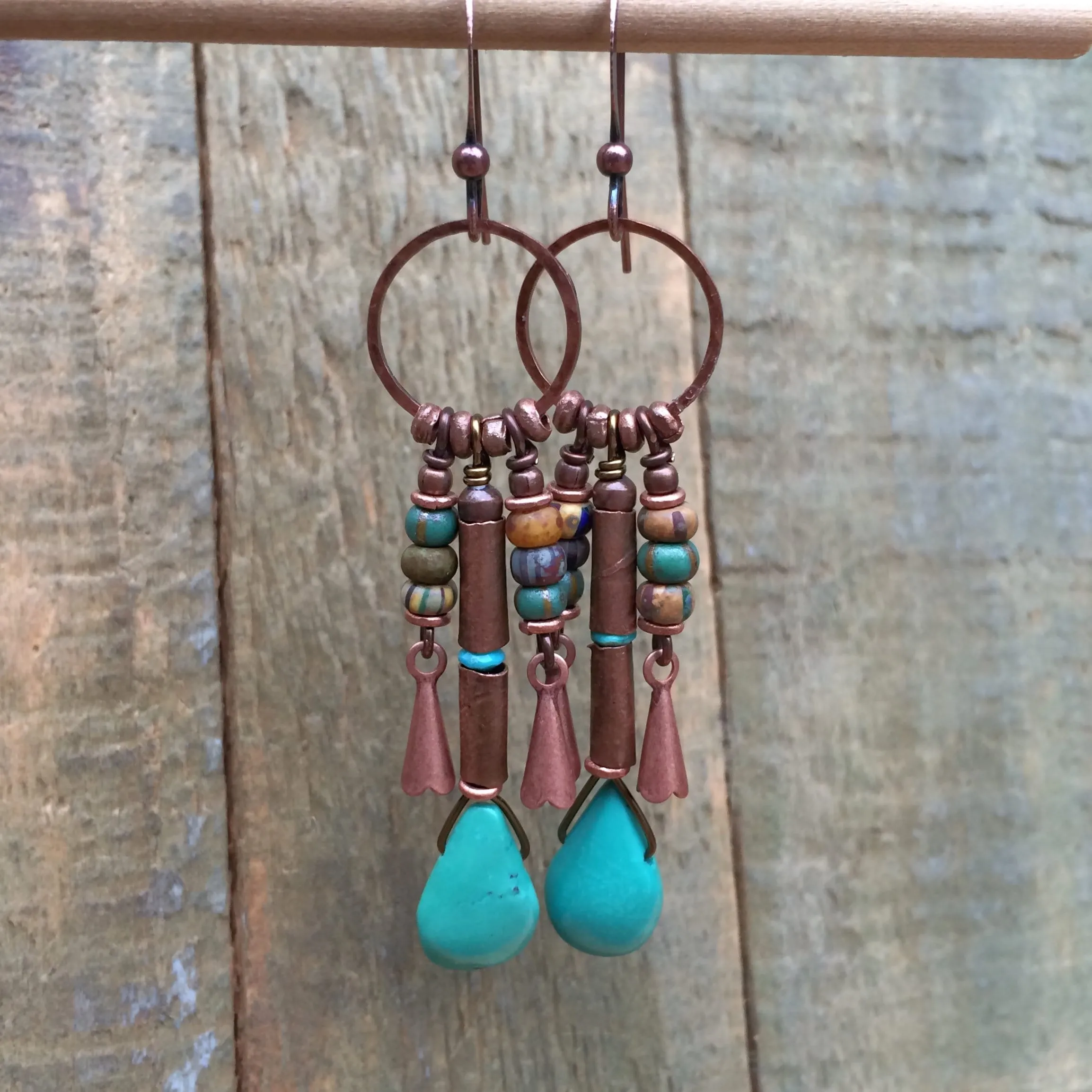 Kingman Turquoise and Copper Earrings, Copper Squash Blossom Chandelier Earrings