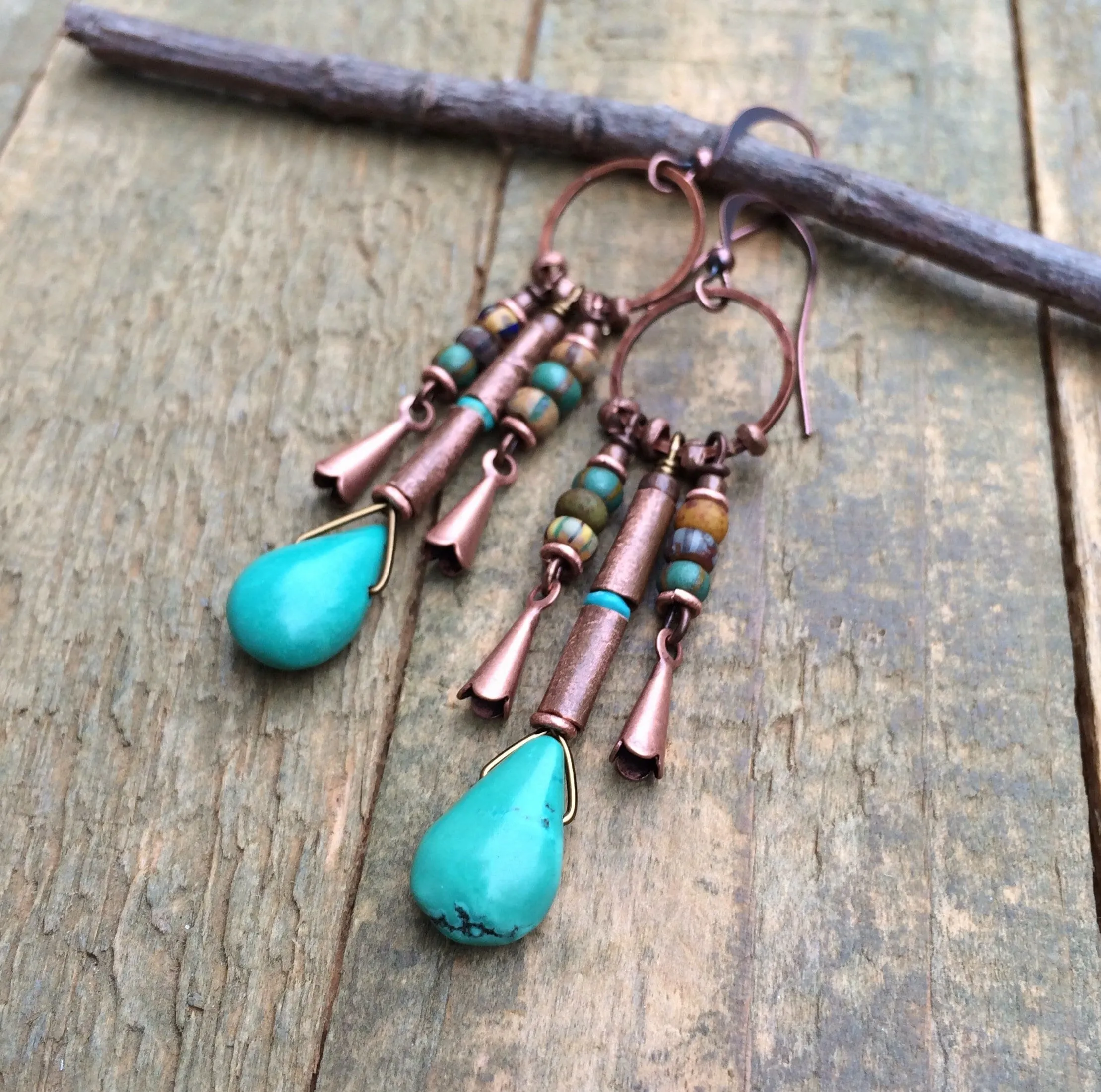 Kingman Turquoise and Copper Earrings, Copper Squash Blossom Chandelier Earrings