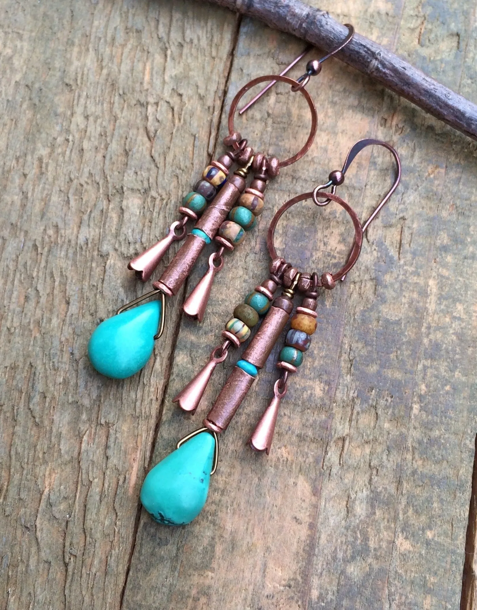 Kingman Turquoise and Copper Earrings, Copper Squash Blossom Chandelier Earrings