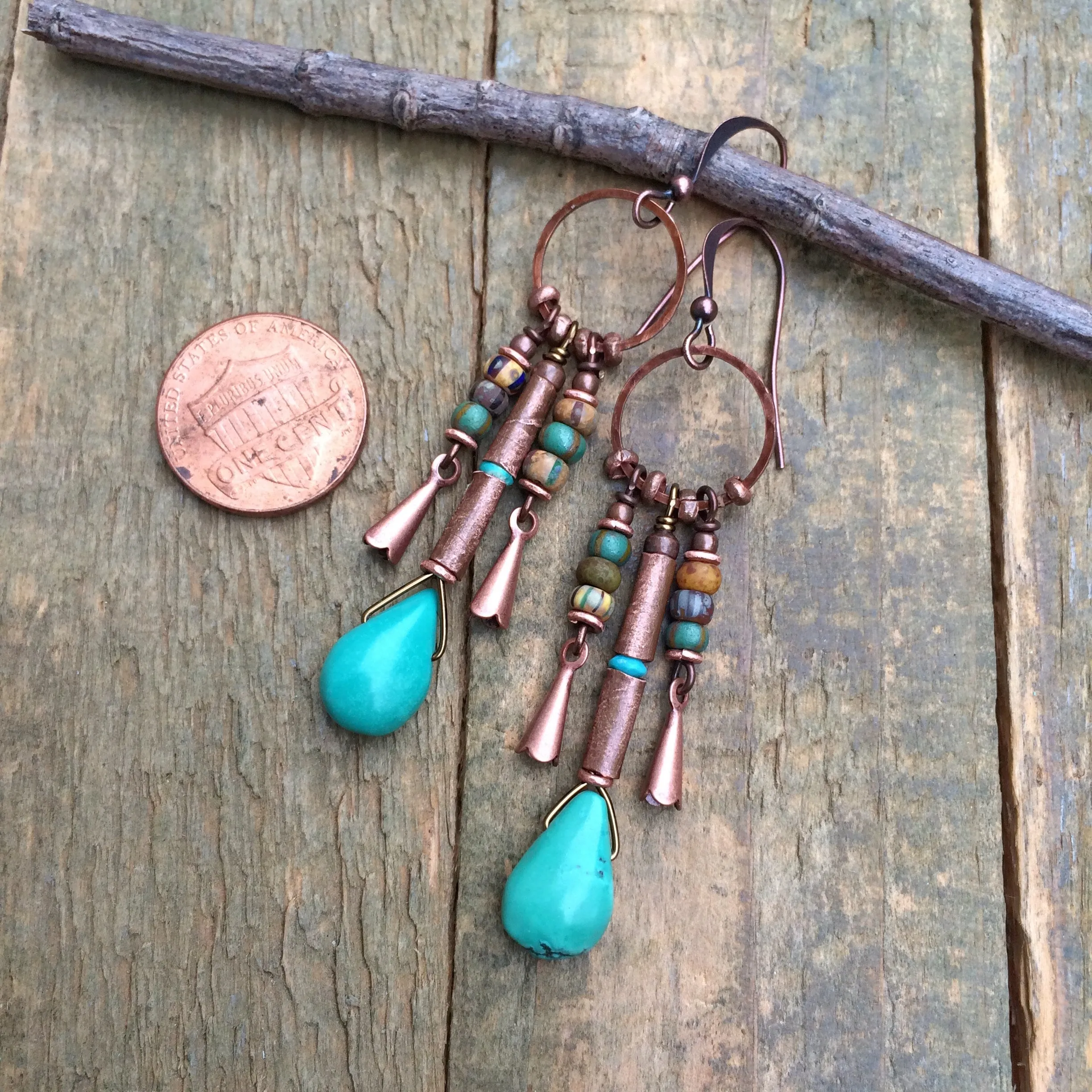 Kingman Turquoise and Copper Earrings, Copper Squash Blossom Chandelier Earrings