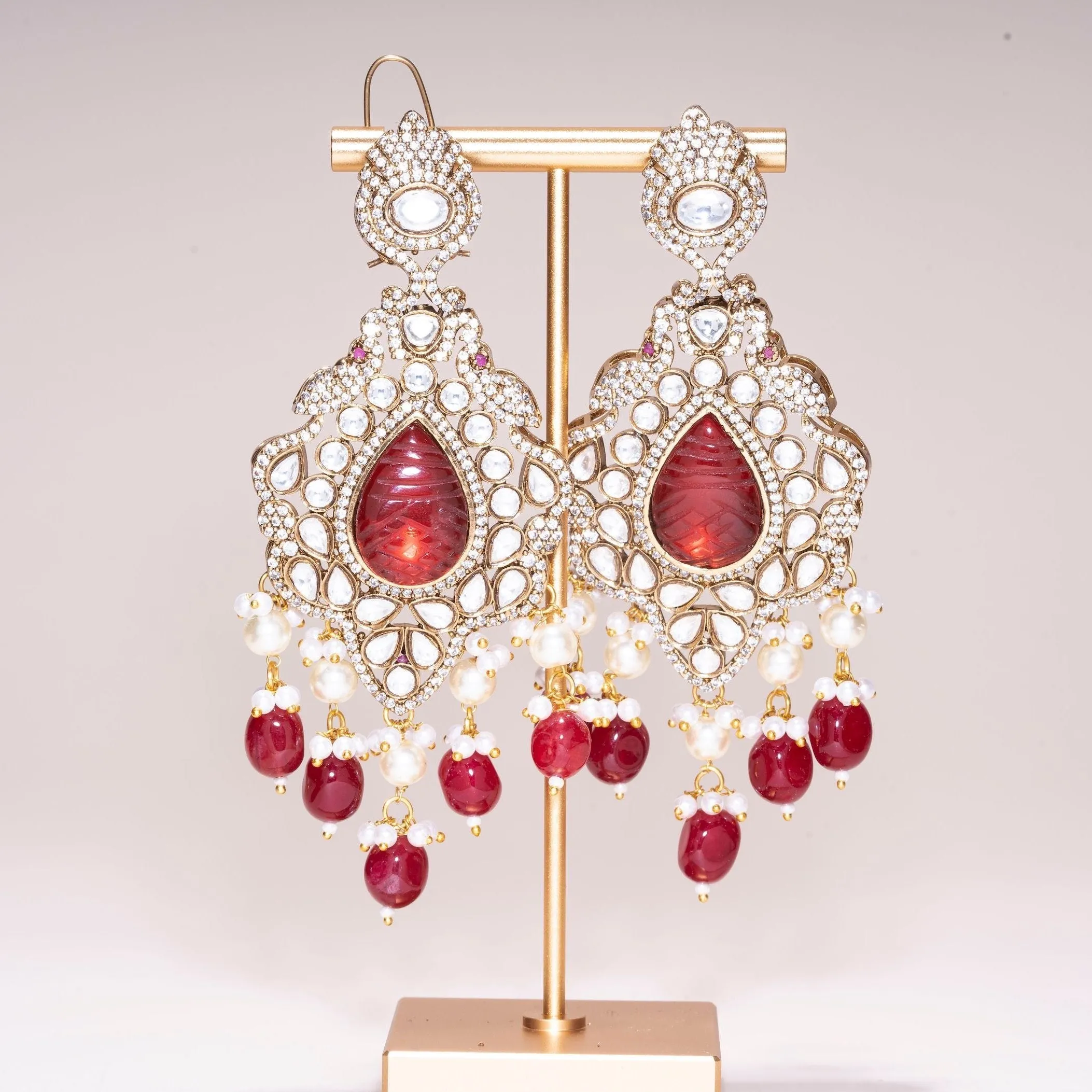 Madhubala Red Yellow Gold Statement  Moissanite Indian Jewelry Earrings - Jaipur Rose Modern Luxury Designer Indian Jewelry