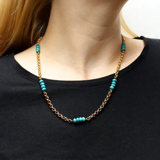 Marjorie Baer Turquoise Beads On Golden Links Necklace