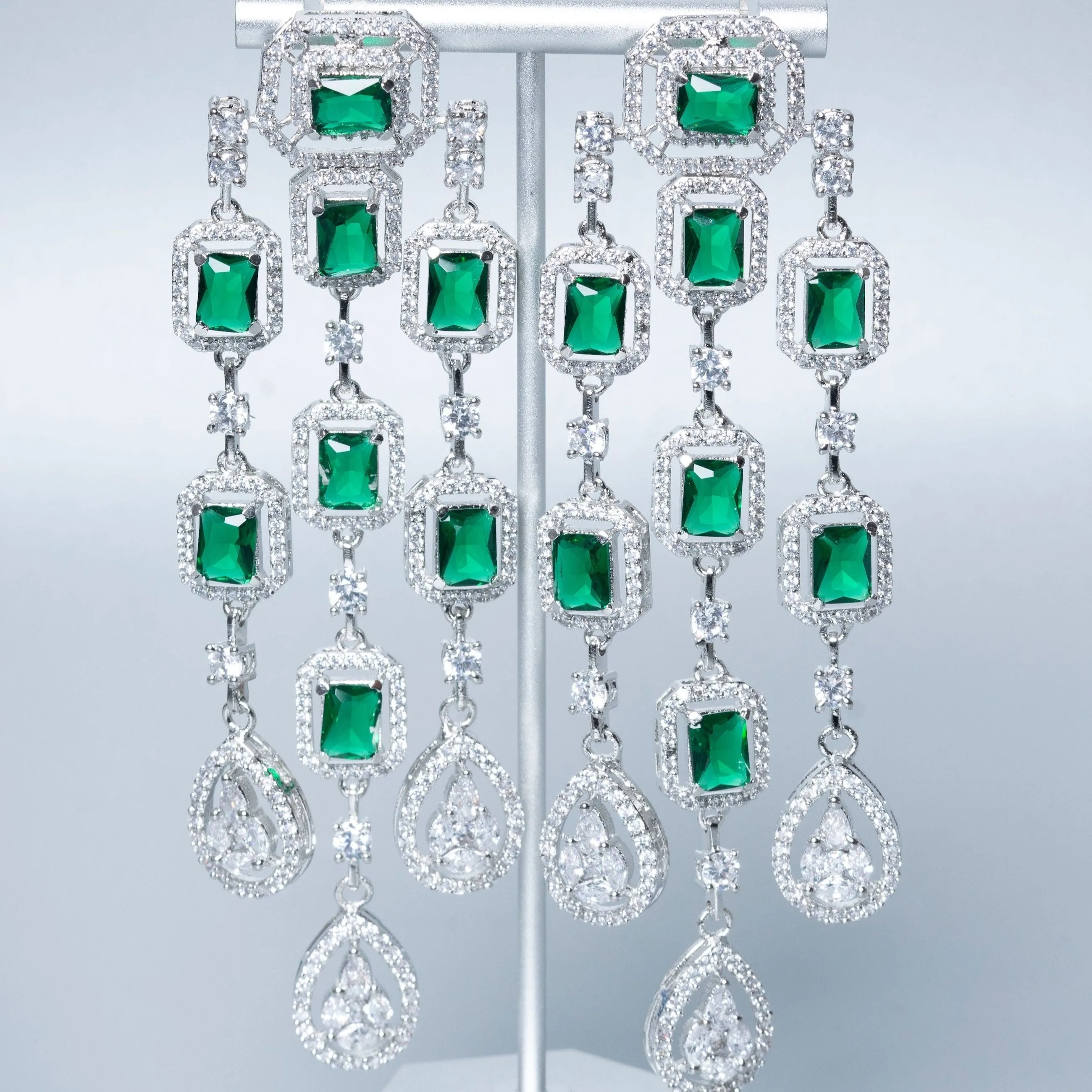 Mei-Lin Statement Chandelier Earrings Emerald Green White Gold By Jaipur Rose Luxury Indian Jewelry Online