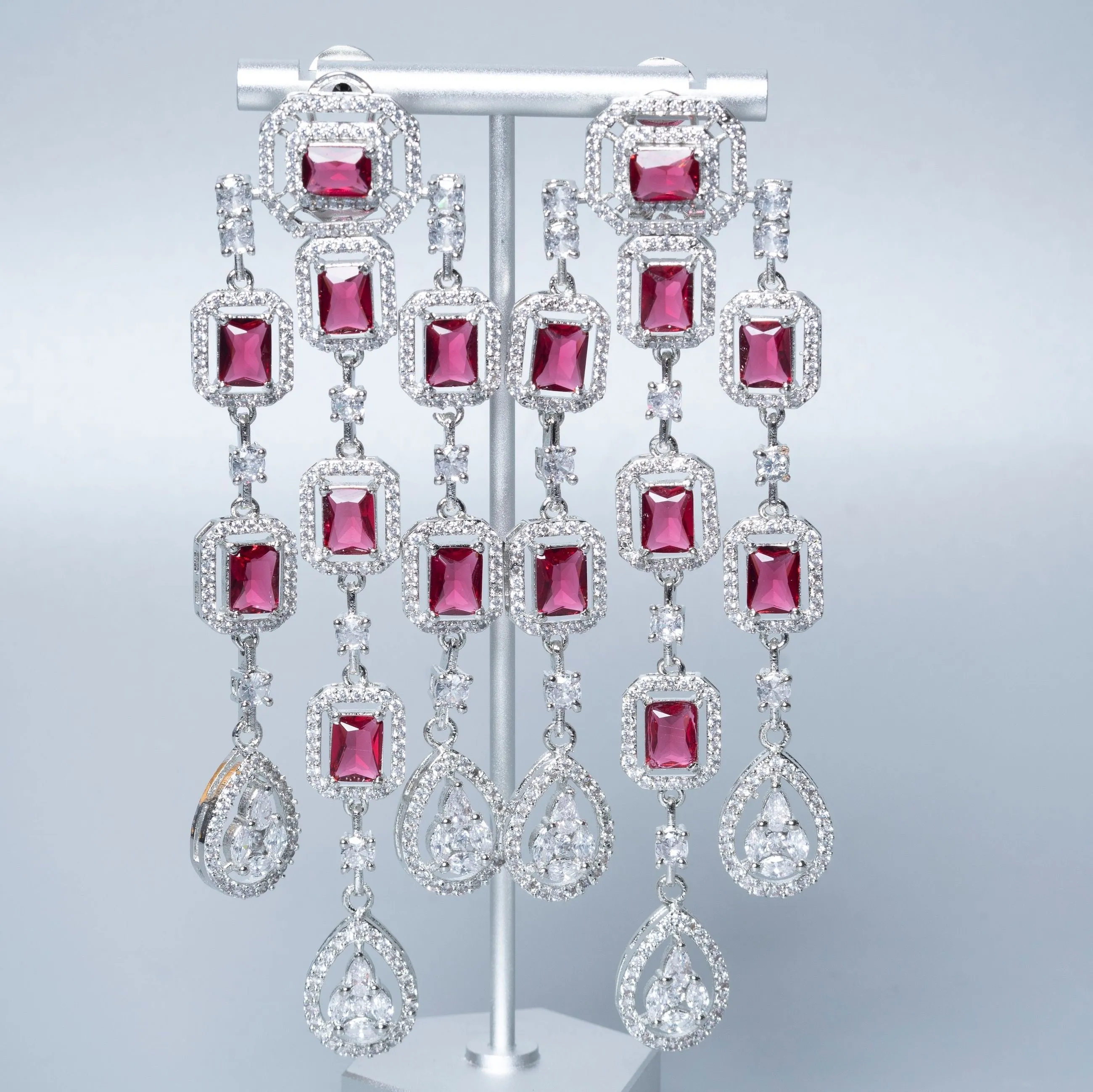 Mei-Lin Statement Chandelier Earrings Ruby Red White Gold By Jaipur Rose Luxury Indian Jewelry Online