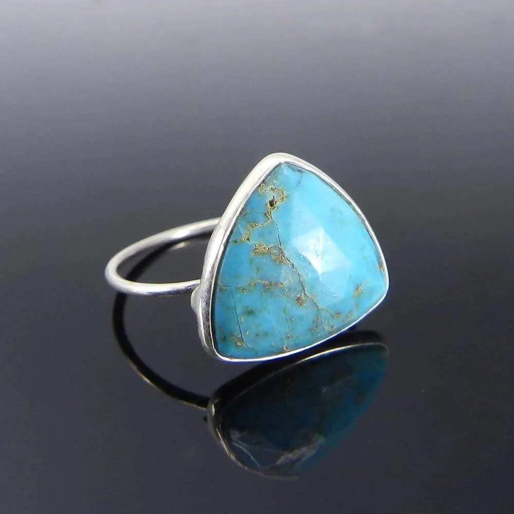 Natural Turquoise Ring, Handmade Trillion Gemstone 925 Silver Bezel Ring