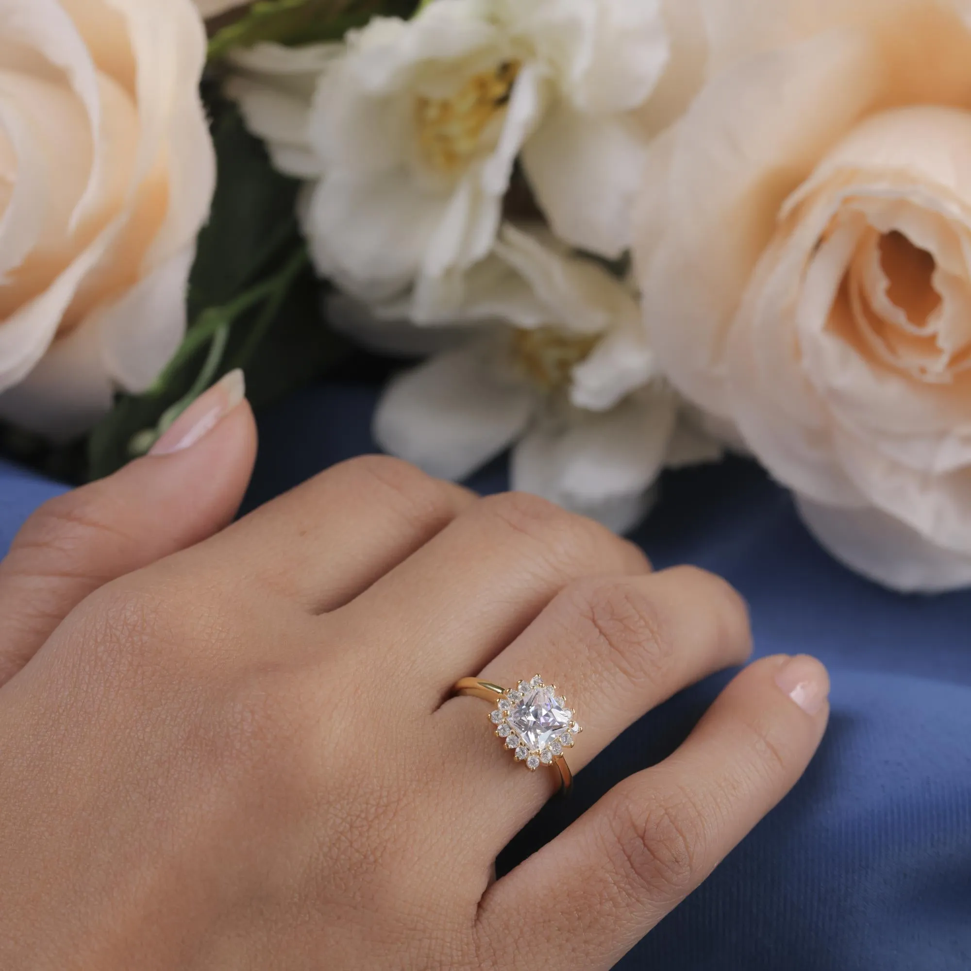 Princess Cut & Round Starburst Diamond Halo Wedding Ring