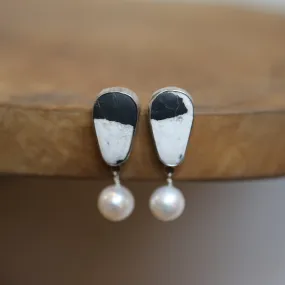 Ready to Ship - White Buffalo Post Earrings - White Buffalo Pearl Drops - Black and White Earrings