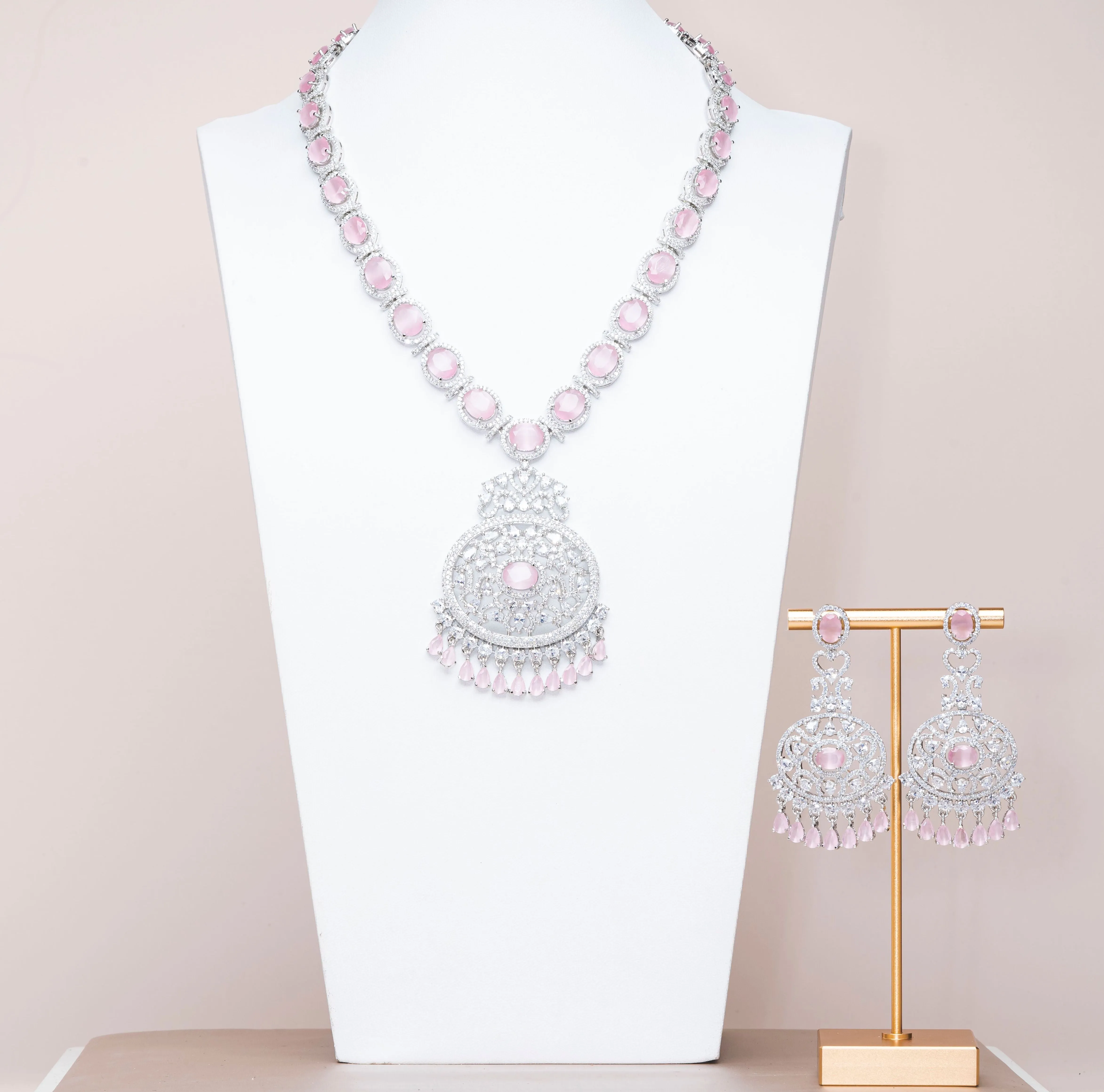 Ria Pink & White Gold Luxury Necklace & Earring Set By Jaipur Rose Luxury Indian Jewelry Online