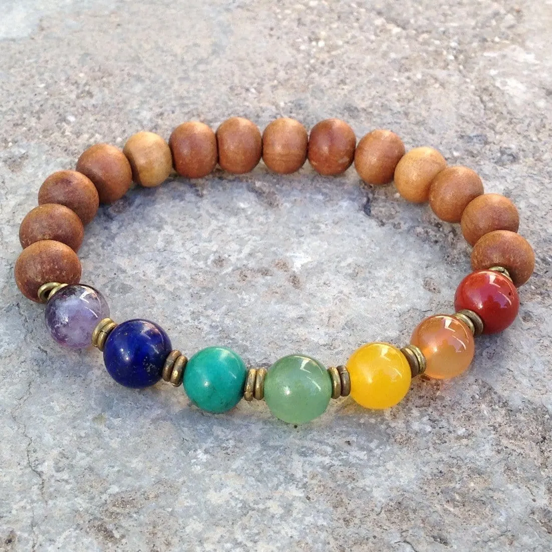 Sandalwood and Multi Color Gemstone Chakra Bracelet