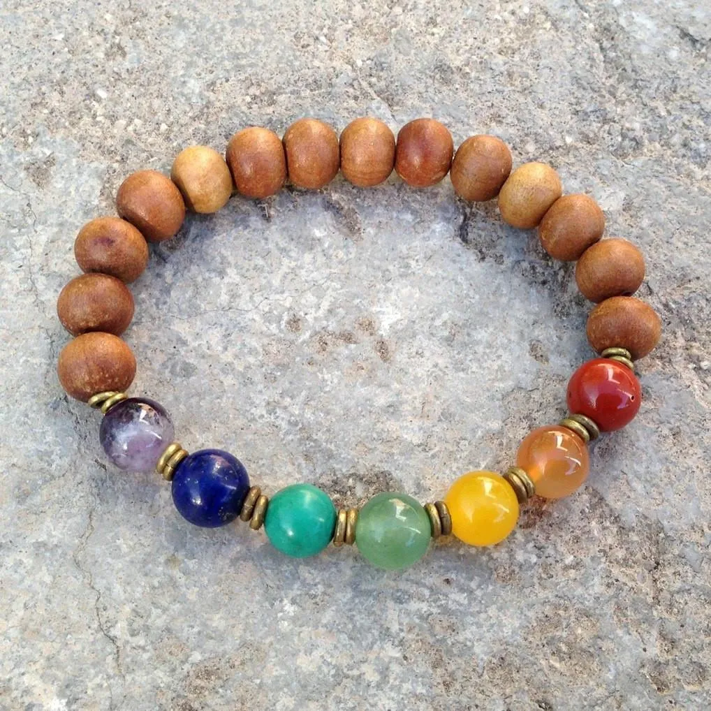 Sandalwood and Multi Color Gemstone Chakra Bracelet