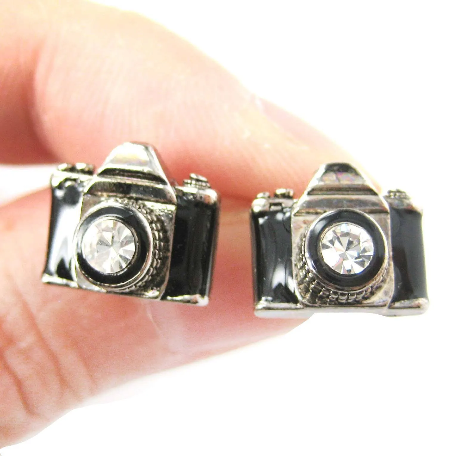 Small Camera Photography Themed Stud Earrings in Black and Silver