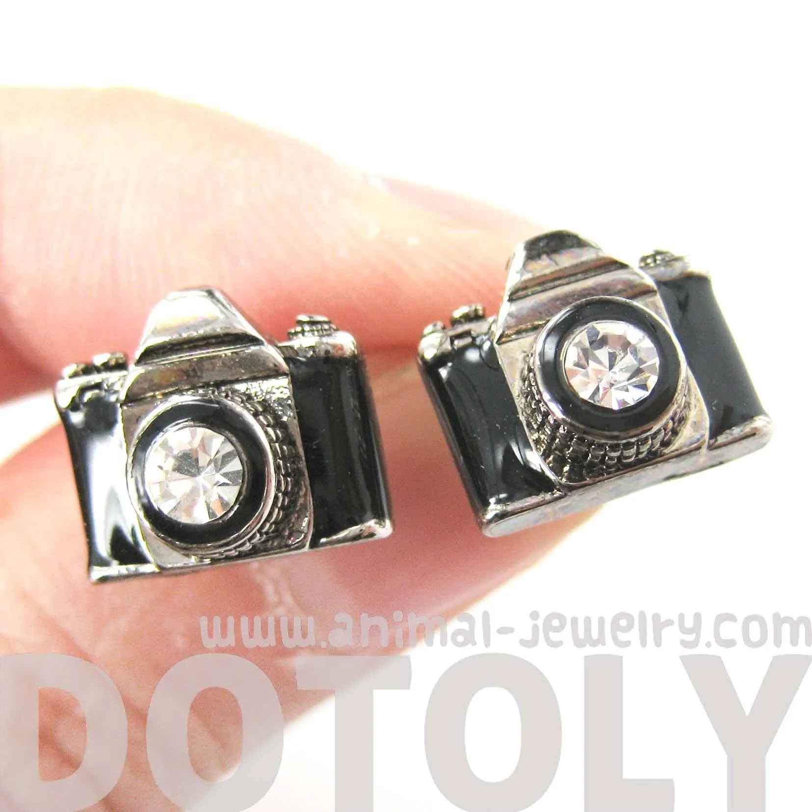 Small Camera Photography Themed Stud Earrings in Black and Silver