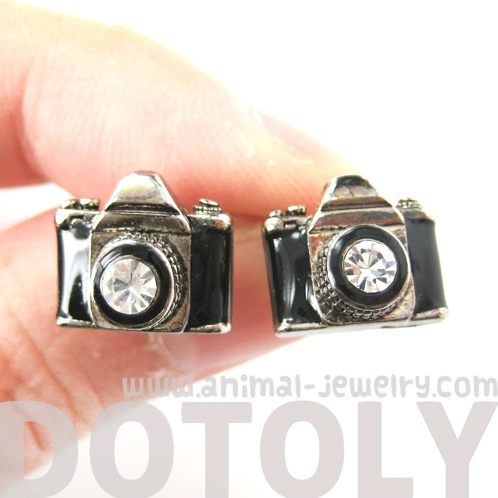 Small Camera Photography Themed Stud Earrings in Black and Silver