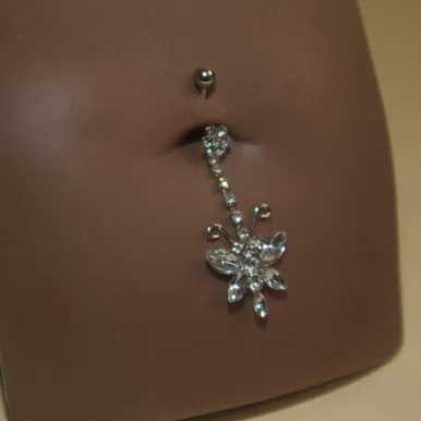 Steel Gem Flower Butterfly Navel Belly Button Ring