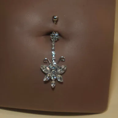 Steel Gem Flower Butterfly Navel Belly Button Ring