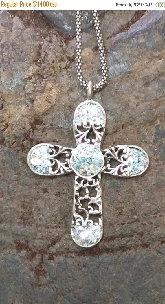 Sterling Silver cross with Roman Glass, Silver Cross for woman, cross from the holy land