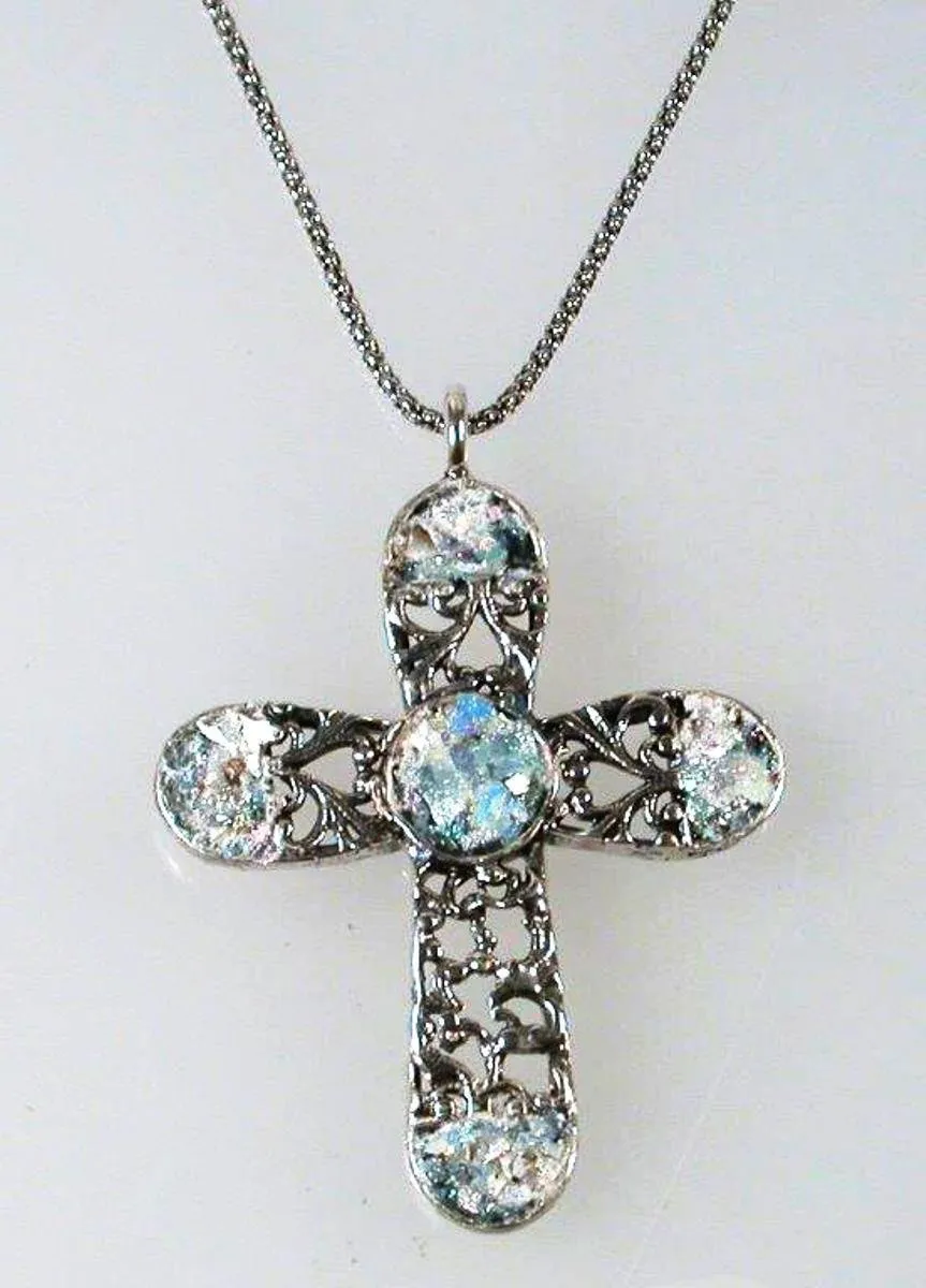 Sterling Silver cross with Roman Glass, Silver Cross for woman, cross from the holy land