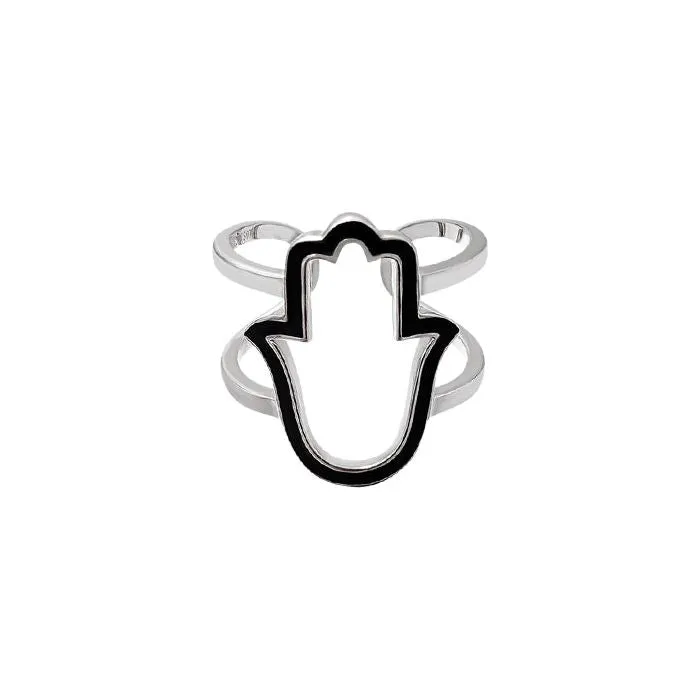 Sterling Silver Enamel Hamsa Double Band Ring