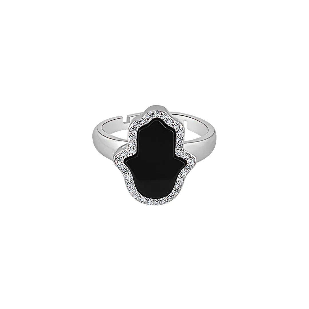 Sterling Silver Onyx Hamsa Pave Ring