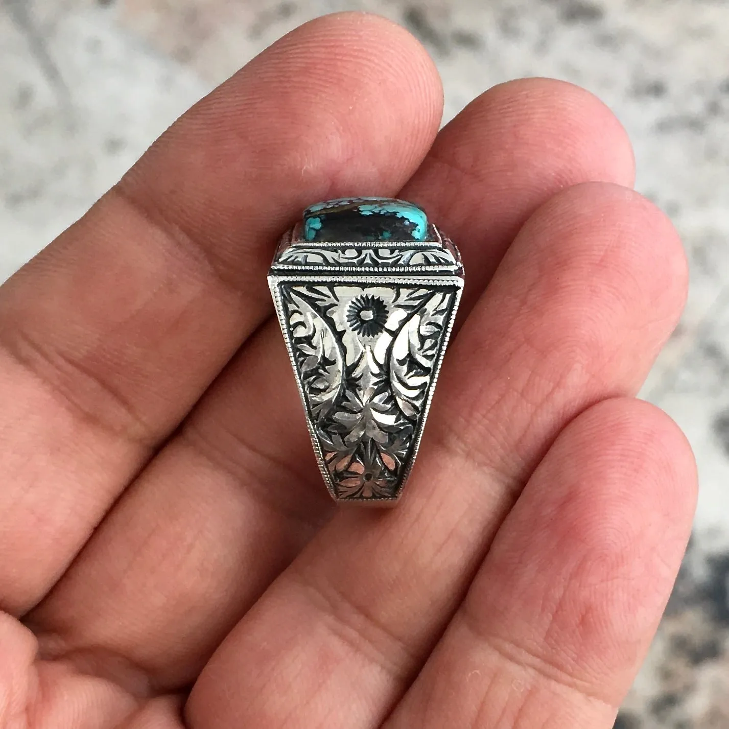 Sterling Silver Turquoise Persian Firoza Ring Unique Artisan Men's Handmade Jewelry