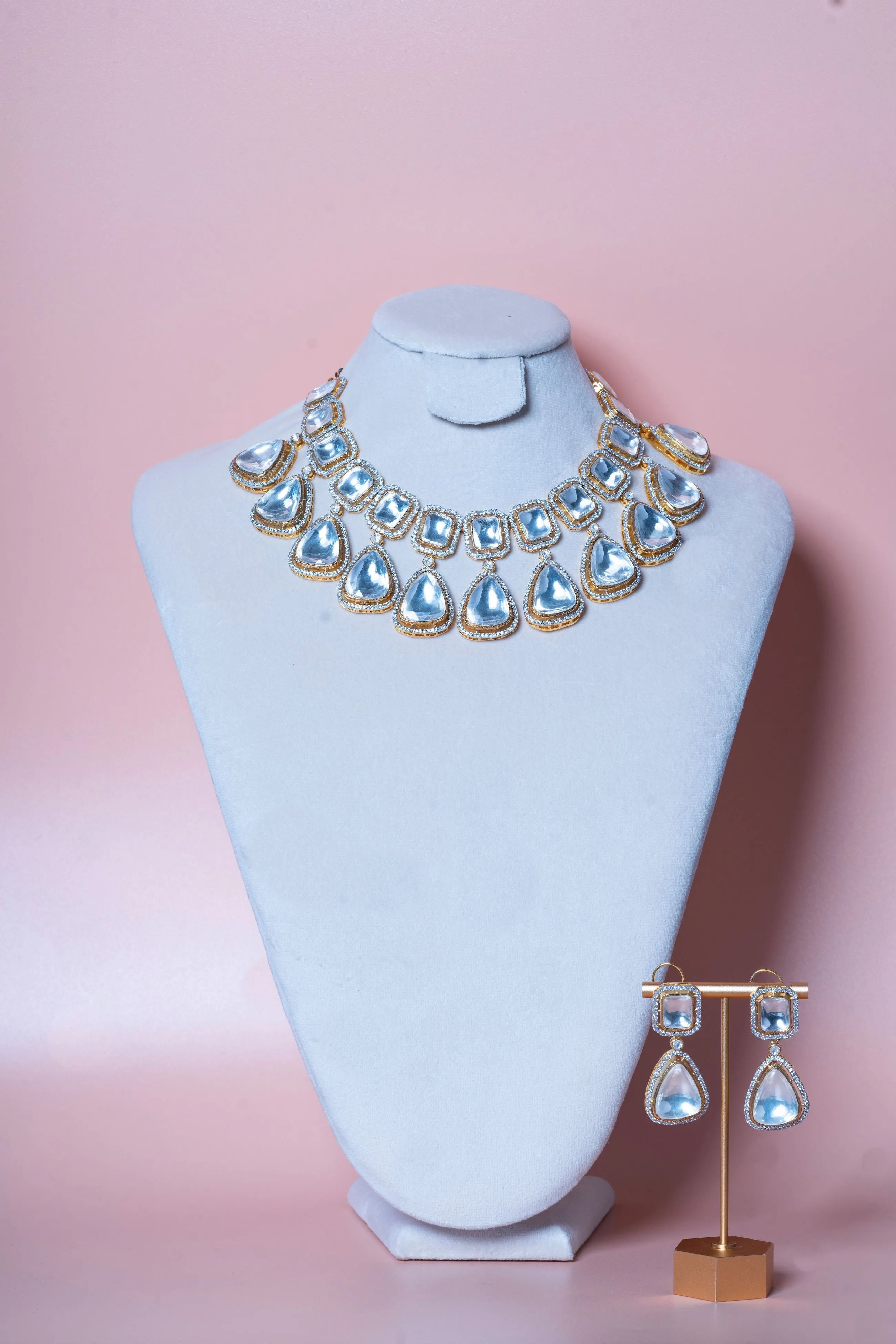 Suri Statement Modern Kundan Yellow Gold Necklace & Earring Set By Jaipur Rose Luxury Indian Jewelry Online