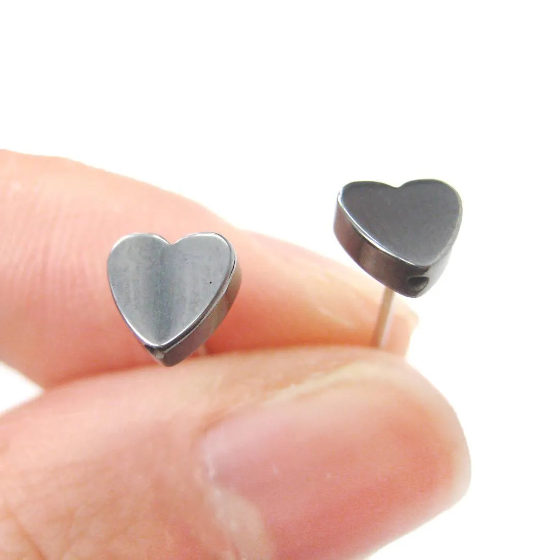 Tiny Classic Heart Shaped Stud Earrings in Gunmetal Silver | DOTOLY