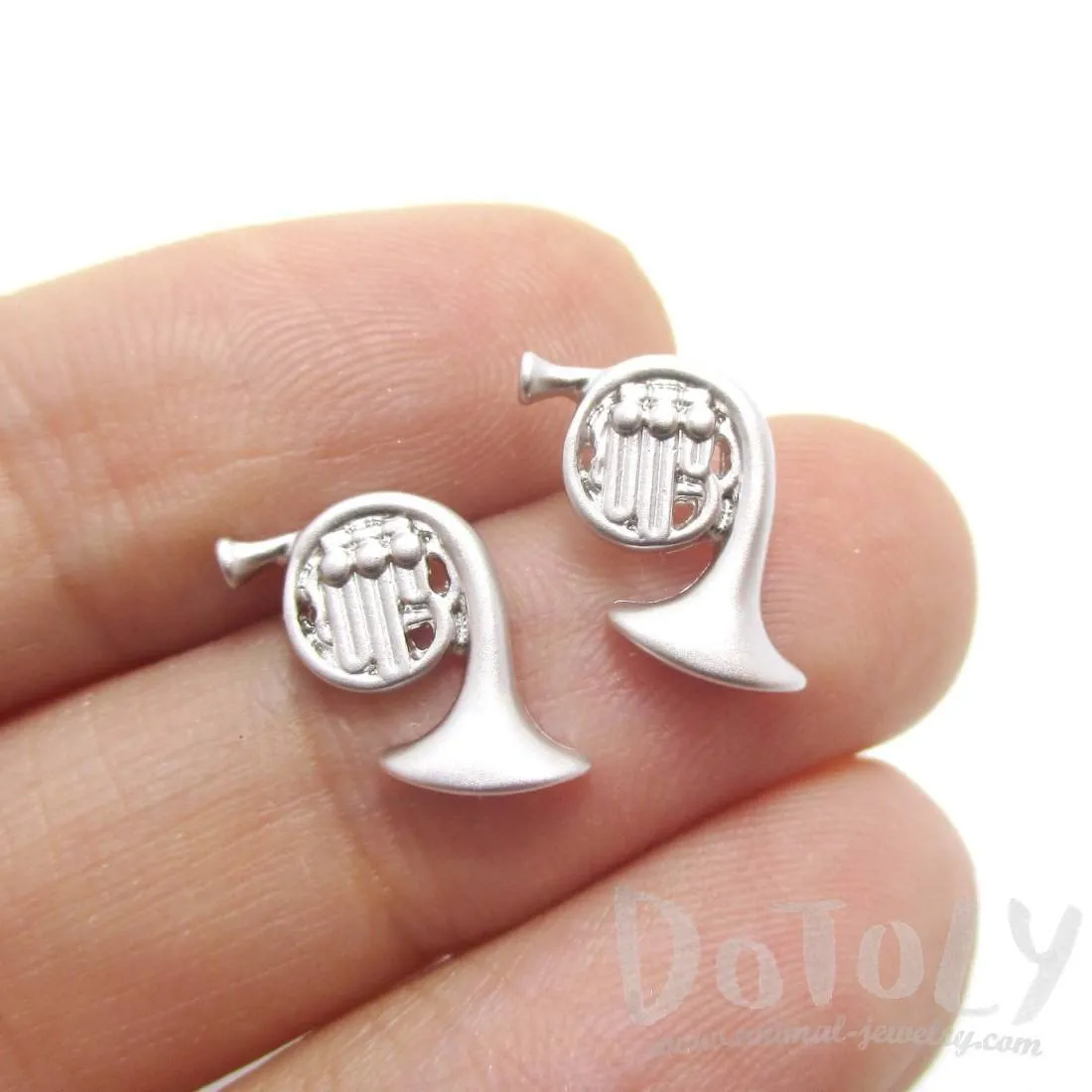 Tiny French Horn Shaped Stud Earrings in Silver | Music Themed Jewelry