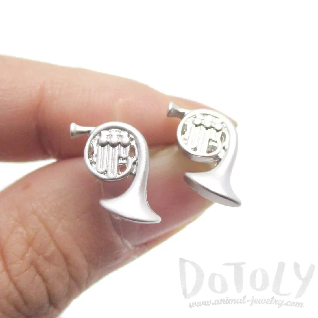 Tiny French Horn Shaped Stud Earrings in Silver | Music Themed Jewelry