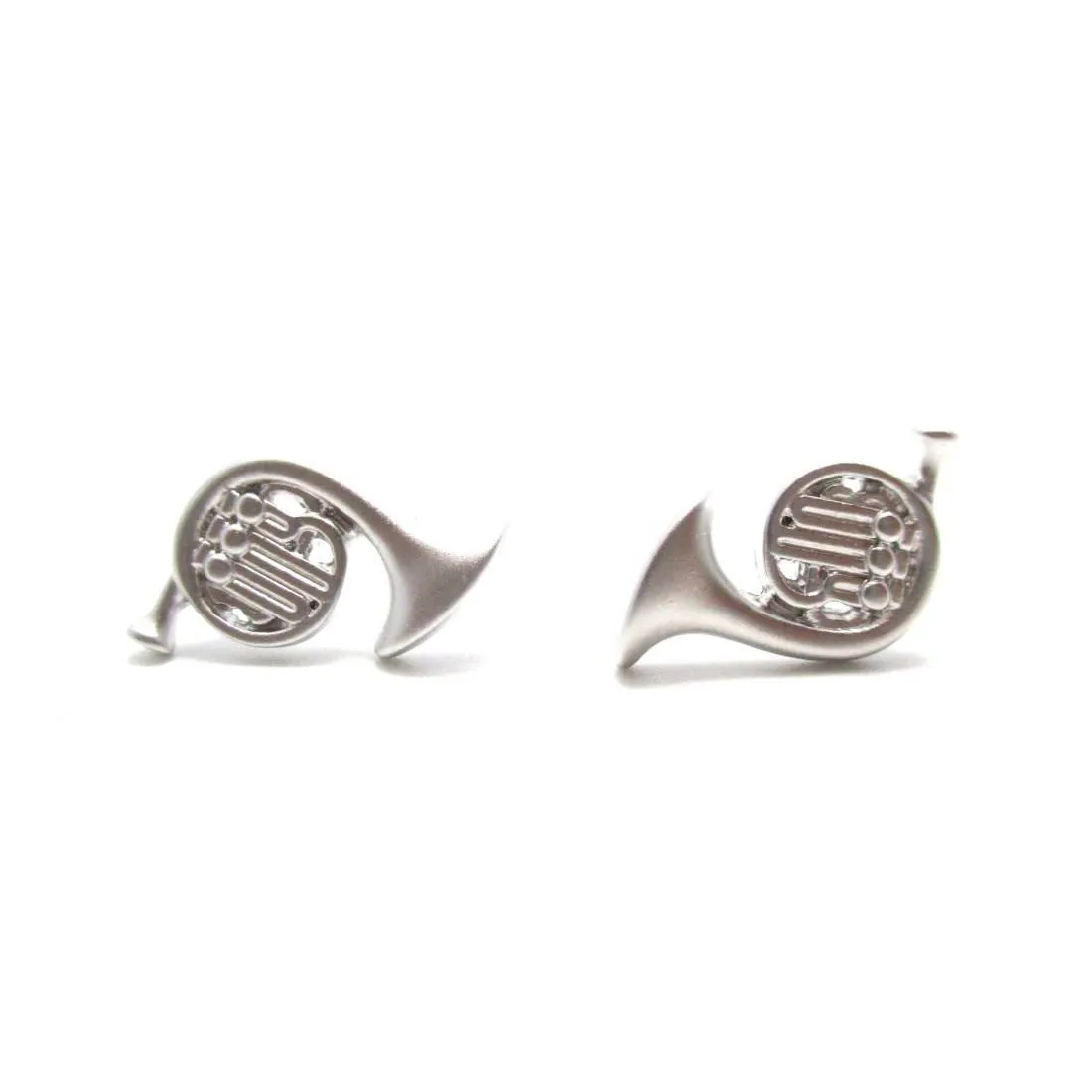 Tiny French Horn Shaped Stud Earrings in Silver | Music Themed Jewelry