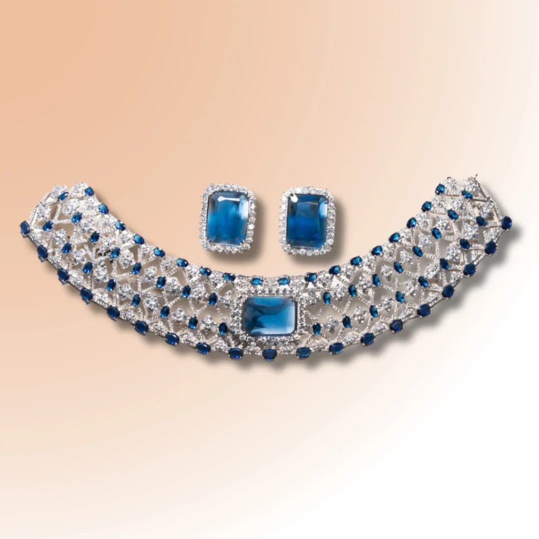 Tracy Blue Sapphire White Gold Luxury Necklace & Earring Set By Jaipur Rose Luxury Indian Jewelry Onli