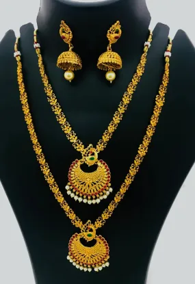 Traditional Matte Finished Antique Gold Long And Short Haram Paired With Earrings Wedding Jewelry Combo Set For Women