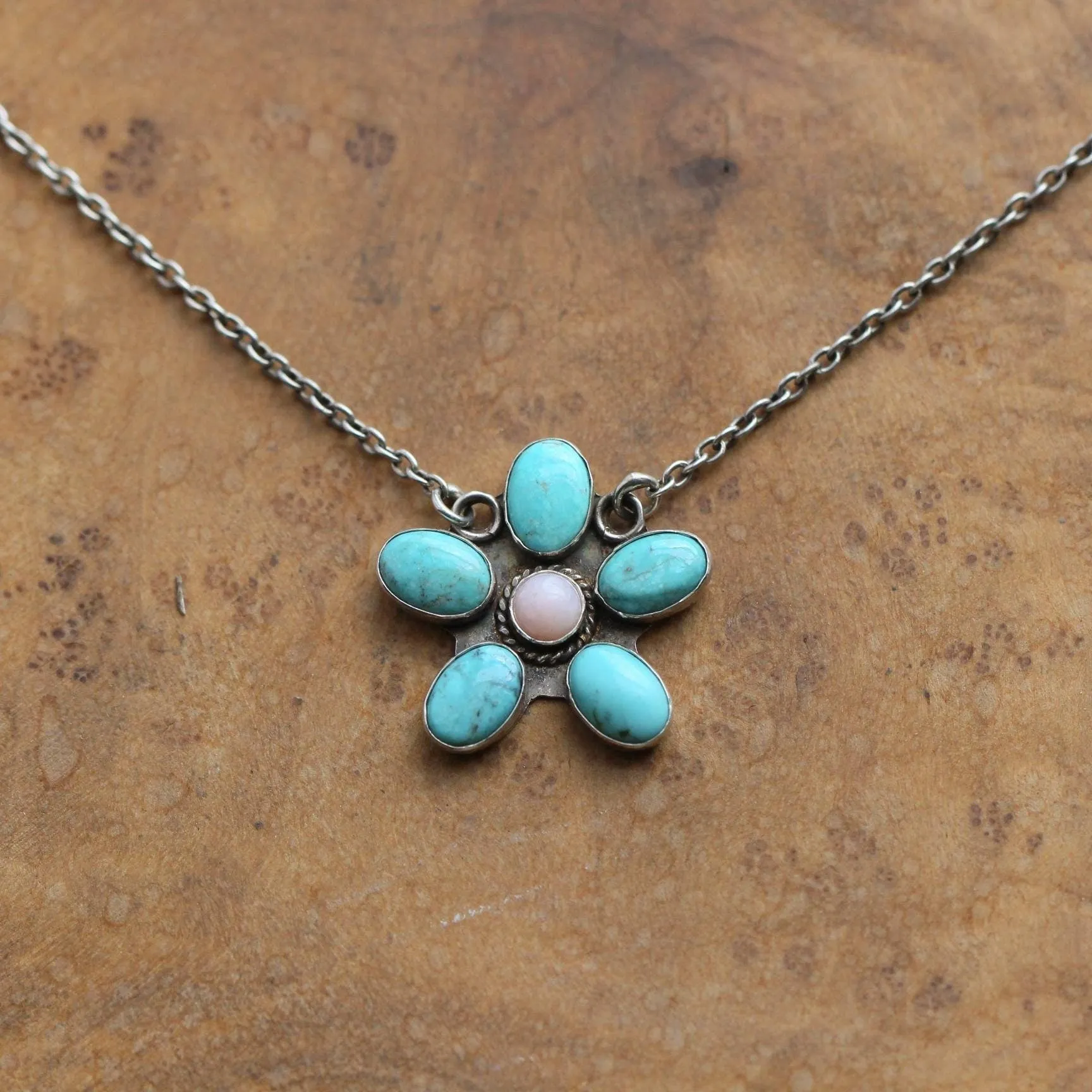 Turquoise & Pink Opal Flower Necklace - .925 Sterling Silver - Turquoise Pendants