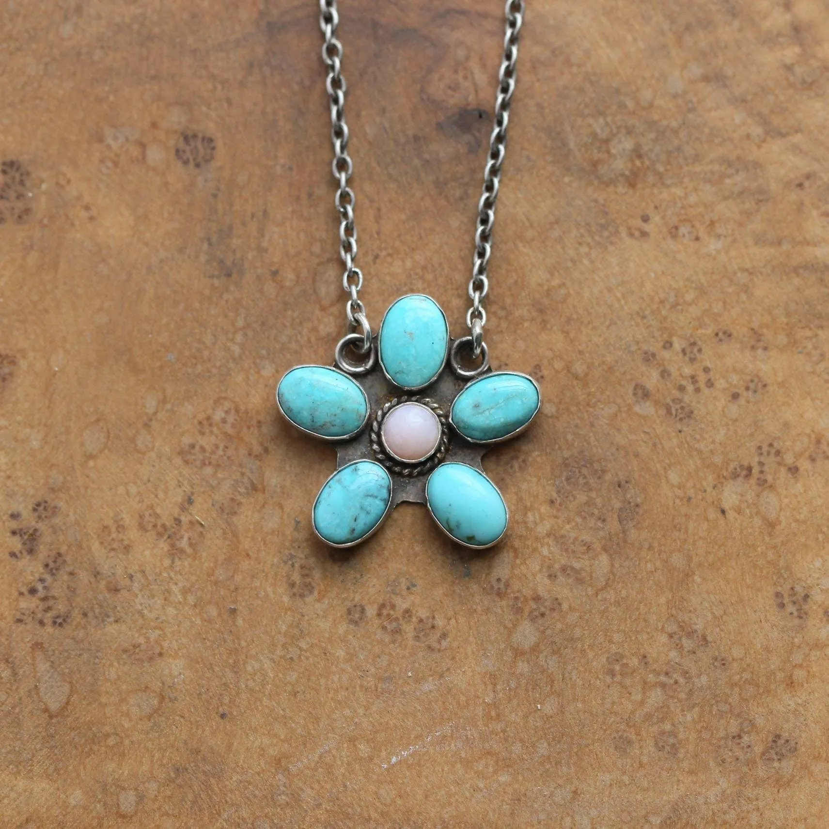 Turquoise & Pink Opal Flower Necklace - .925 Sterling Silver - Turquoise Pendants