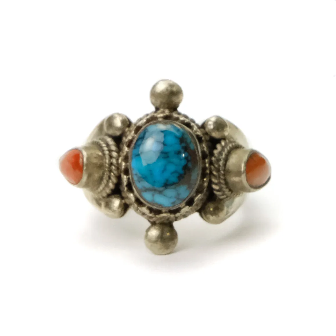 Turquoise and Coral in Sterling Silver Tibetan Style Adjustable Ring