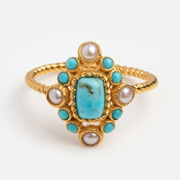 Turquoise and Pearl Statement Santorini Ring