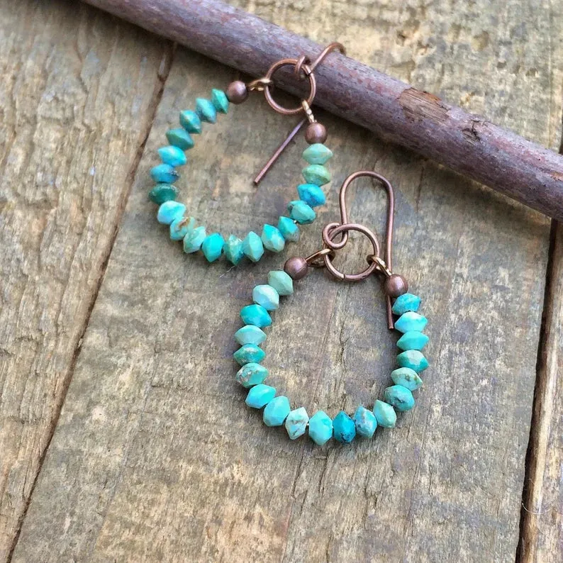 Turquoise Hoop Earrings, Arizona Turquoise Jewelry, Minimalist Tiny Hoop Earrings, Horseshoe Earrings, Turquoise Copper Jewelry