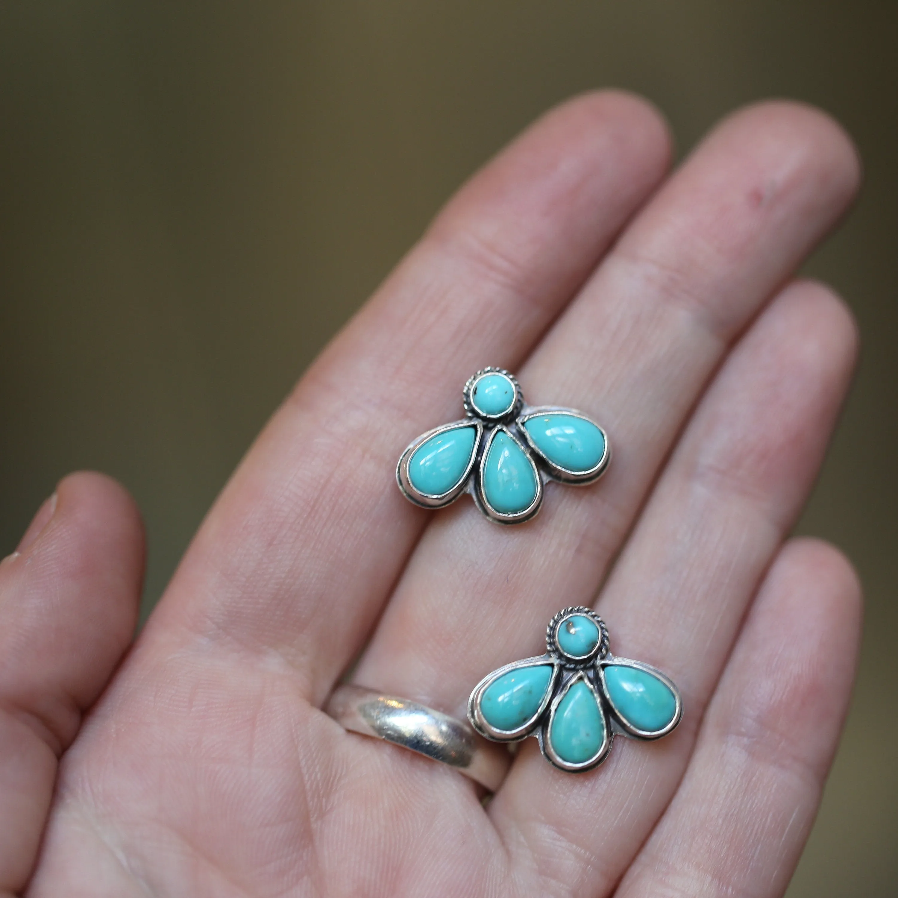 Turquoise Lotus Posts - Multi-Stone Turquoise Fan Earrings - 8 Stone Turquoise Studs - Sterling Silver