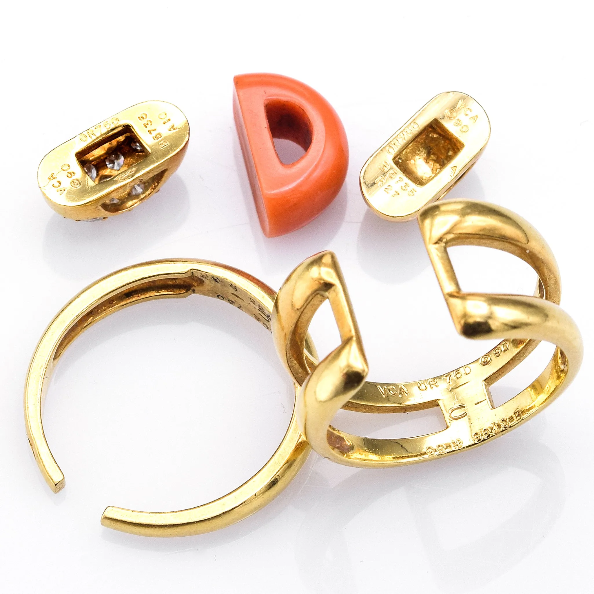 Van Cleef & Arpels 18K Gold Red Coral & 0.40 TCW Diamond 5 Piece Interchangeable Ring Set 12.1G