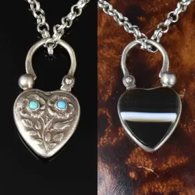 Vintage Agate Turquoise Carved Silver Heart Padlock Necklace