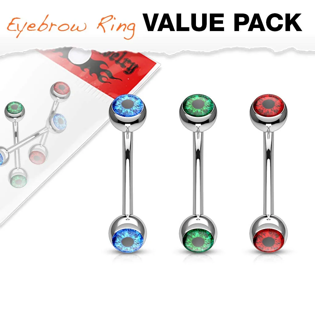 WILDKLASS 3 Pcs Value Pack Eyeball Inlaid 316L Surgical Steel Curved Barbells, Eyebrow Rings