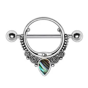 WildKlass 316L Stainless Steel Ornate Nipple Shield with Tear Drop Abalone