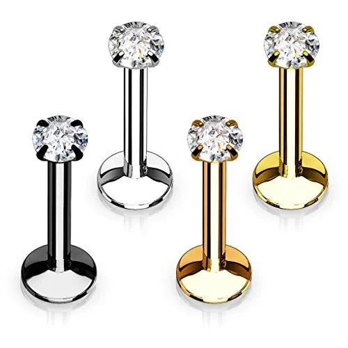 WILDKLASS 4 Pcs Value Pack Internally Threaded Round Prong Top Gem Labret Monroe Titanium IP Over 316L Surgical Steel